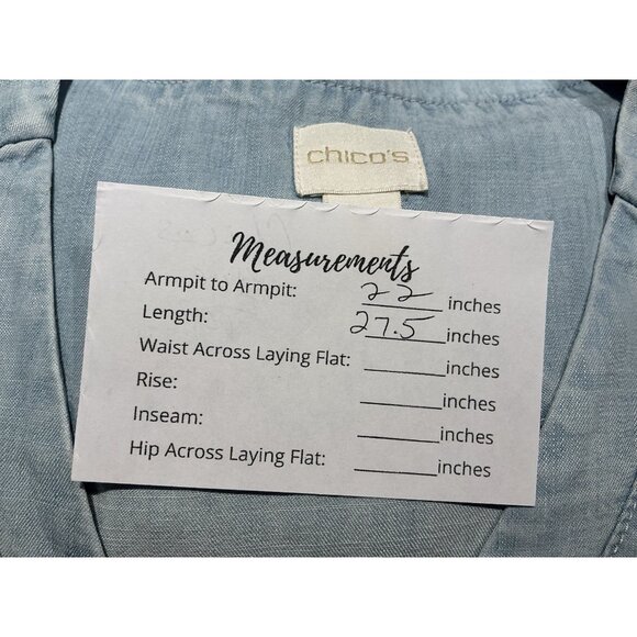 Chicos Top Size 1 (Medium) Lightweight Denim Look Adj. Rouched Sides VNeck - Picture 8 of 8